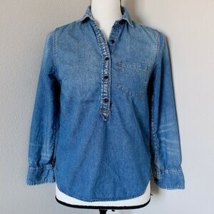 Medium Wash Denim Half Button Up Long Sleeve Shirt